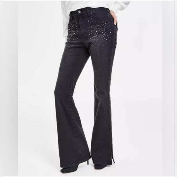 INC INTERNATIONAL CONCEPTS black High Rise Rhinestone Studded Flare Jeans size 2 - Picture 4 of 7